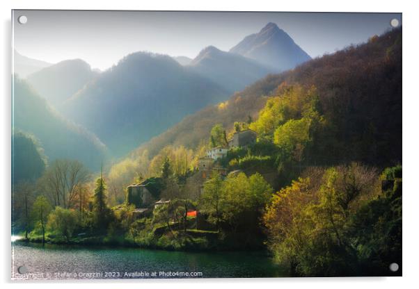 Isola Santa village and lake in autumn. Garfagnana Acrylic by Stefano Orazzini
