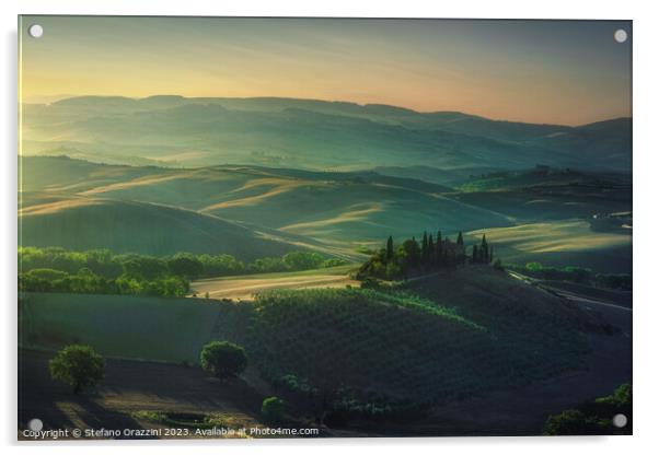 The landscape of the Val d'Orcia at dawn. Tuscany Acrylic by Stefano Orazzini