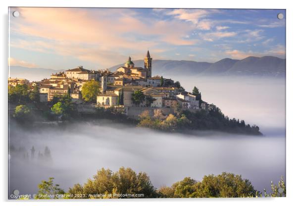 Trevi picturesque village in a foggy morning. Umbria, Italy Acrylic by Stefano Orazzini