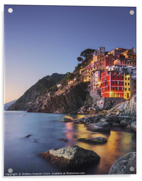 Riomaggiore town, cape and sea at sunset. Cinque Terre, Liguria, Acrylic by Stefano Orazzini