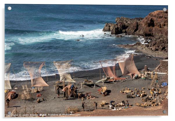 Creating a film set on the beach at El Golfo, Timanfaya National Park,  Acrylic by Keith Bowser