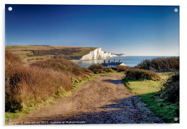 View of Seven Sisters Chalk Cliffs and Coastguard Cottages at Cuckmere Haven Sussex Acrylic by John Gilham