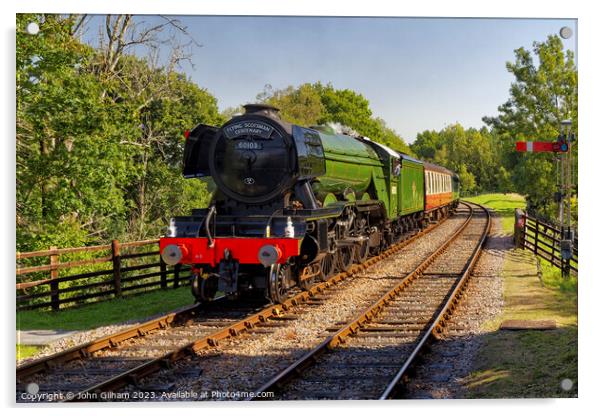 Flying Scotsman 60103 Steam Loco and carriages approaching Kingscote Station on the Bluebell Line in WestSussex England UK Acrylic by John Gilham