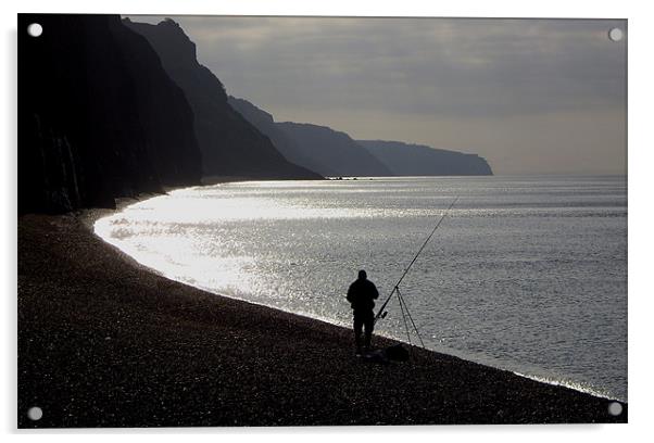 Fisherman angling on beach Acrylic by nick pautrat