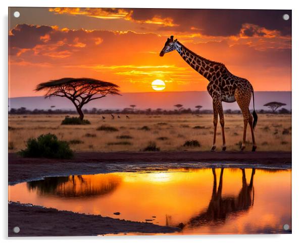 Giraffe At Watering Hole At Sunset Acrylic by Artificial Adventures