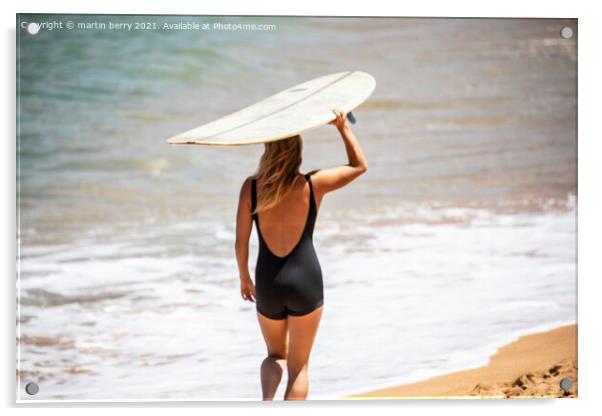 Woman Surfer carrying Surfboard Acrylic by martin berry