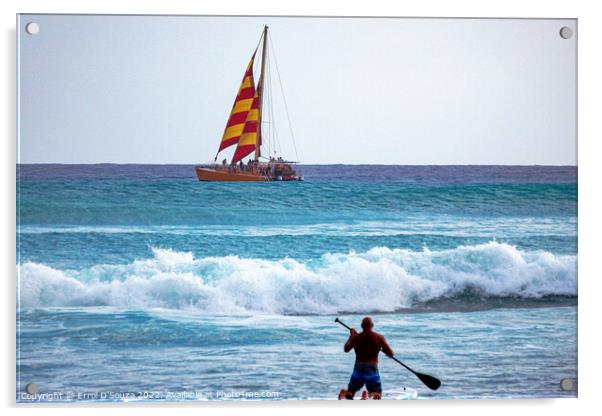 Paddleboarder and Sailboat Acrylic by Errol D'Souza