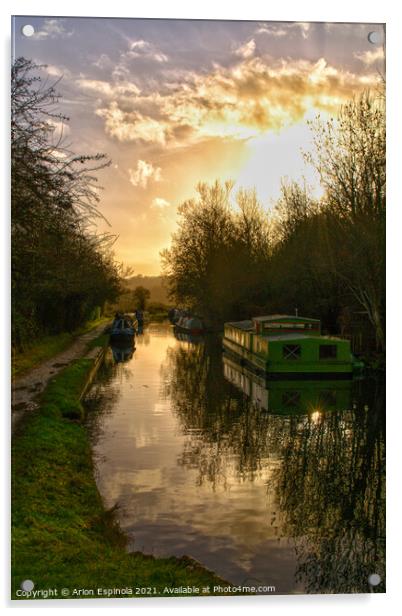 Sunset at the canal, Wiltshire,England  Acrylic by Arion Espinola