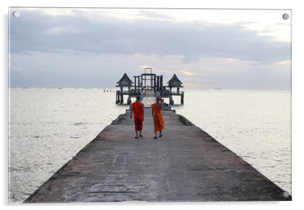 Thai monks on the bridge or Pier , which leads to the never finished and abandoned Thai temple right on the Gulf in Thailand in the province of Chonburi Acrylic by Wilfried Strang