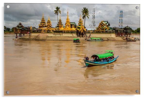 Cross the river by boat to the Midstream Kyauktan Pagoda or Ye Le Pagoda near Yangon in Myanmar Burma Acrylic by Wilfried Strang