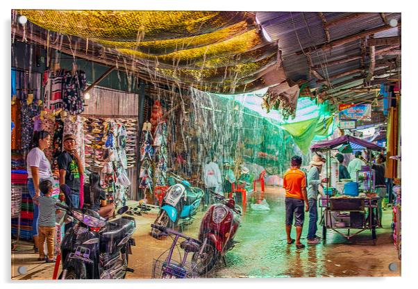 When the big Rain comes to the Chongchom Market in Surin somewhere in Isan Thailand Acrylic by Wilfried Strang