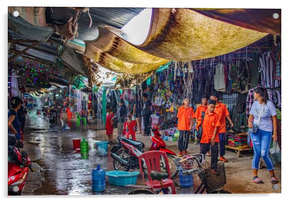 When the big Rain comes to the Chongchom Market in Surin somewhere in Isan Thailand Acrylic by Wilfried Strang