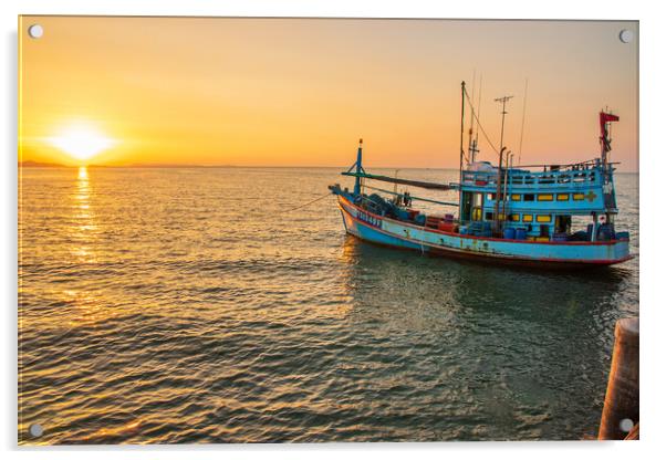  A fishing boat at a pier in the early evening during sunset time Acrylic by Wilfried Strang