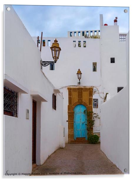 White Building with Blue Door in Rabat, Morocco. Acrylic by Maggie Bajada
