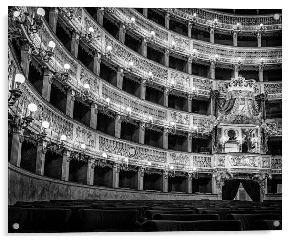 Monochrome of Teatro di San Carlo, Naples, Italy. Acrylic by Maggie Bajada
