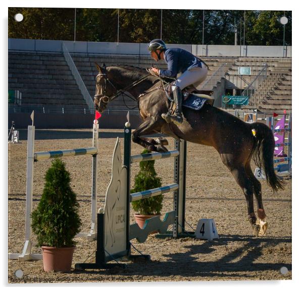 Equestrian with a White Horse Jumping. Acrylic by Maggie Bajada