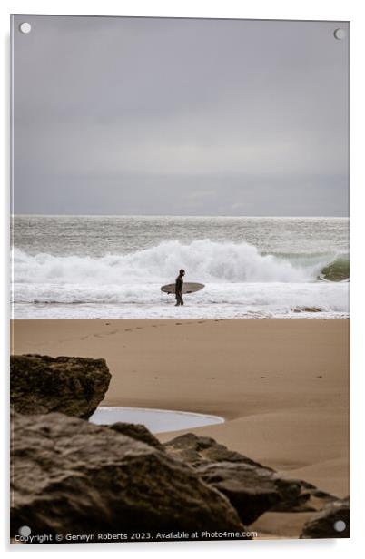 Surfer at Porth Ceiriad, Wales Acrylic by Gerwyn Roberts