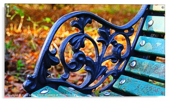 Ironwork on A Bench in Autumn Acrylic by GJS Photography Artist