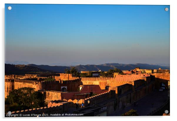 Sunset on 17th century Jaigarh Fort at Jaipur, Rajasthan, India Acrylic by Lucas D'Souza