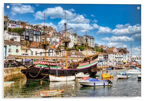 Sir Francis Drake's Golden Hind in Brixham Harbour Acrylic by Roger Mechan