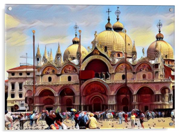 Feeding the Pigeons in Front of St Marks Basilica Acrylic by Roger Mechan