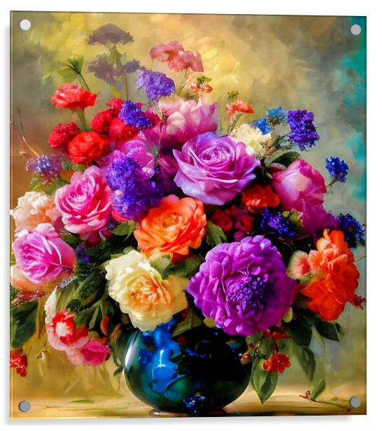 Vibrant Bouquet in Blue Vase Acrylic by Roger Mechan