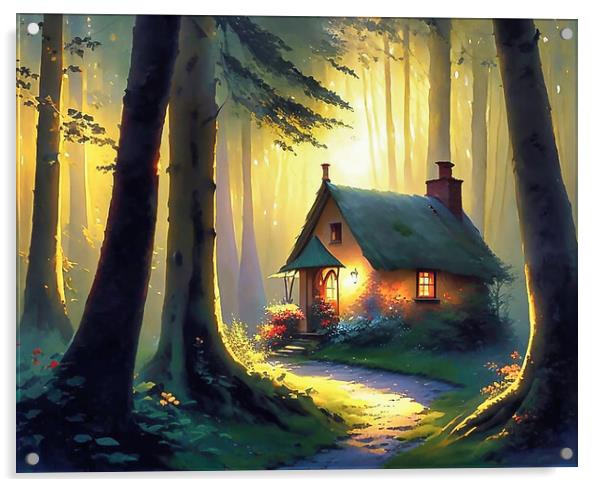Enchanted Cottage in Woodland Acrylic by Roger Mechan