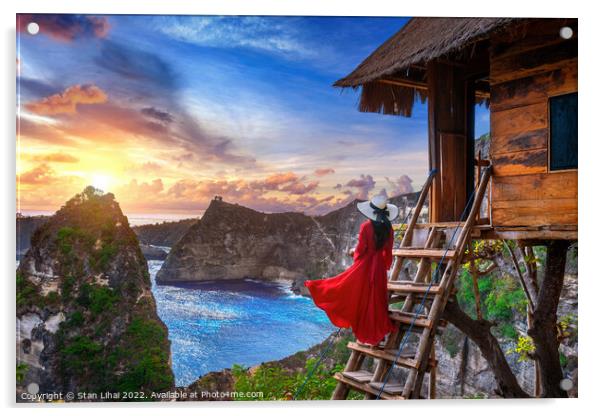 Young girl on steps of house on tree at sunrise in Nusa Penida  Acrylic by Stan Lihai