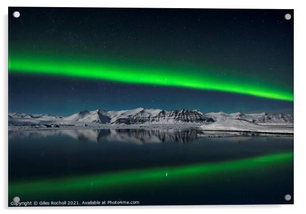 Northern lights over Iceland mountain and lagoon Acrylic by Giles Rocholl