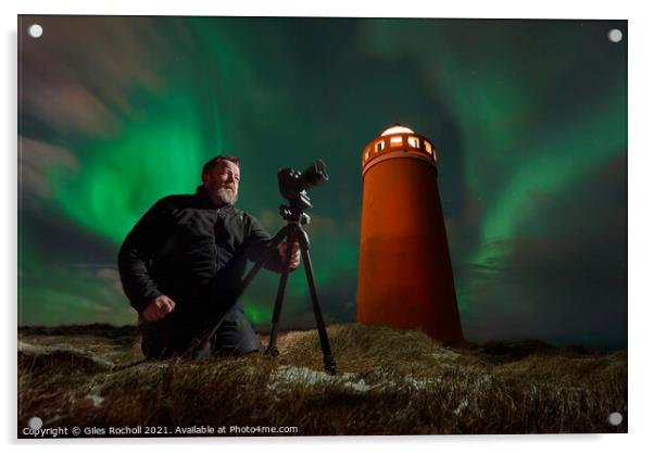 Photographer light house and northern lights Iceland Acrylic by Giles Rocholl