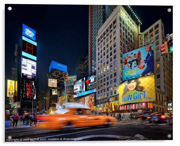 Times Square yellow Taxi New York Acrylic by Giles Rocholl