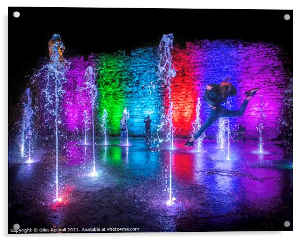 Illuminated fountains night Acrylic by Giles Rocholl