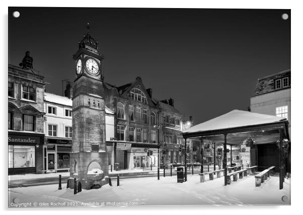 Jubilee Clock snow Otley West Yorkshire Acrylic by Giles Rocholl