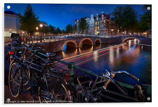 Amsterdam Bicycles and Canals dusk Acrylic by Giles Rocholl