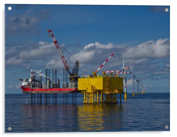 Offshore jackup installing turbine blades Acrylic by Russell Finney