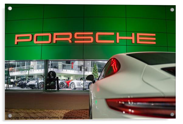 Porsche car in front of Porsche store Acrylic by Alex Winter