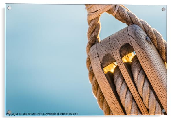 Detail image of wooden pulley with ropes of an classical sailing yacht Acrylic by Alex Winter