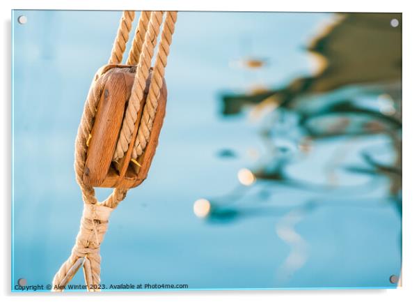 Nautical pulley with ropes of a classic sailing boat and blue sea water background Acrylic by Alex Winter