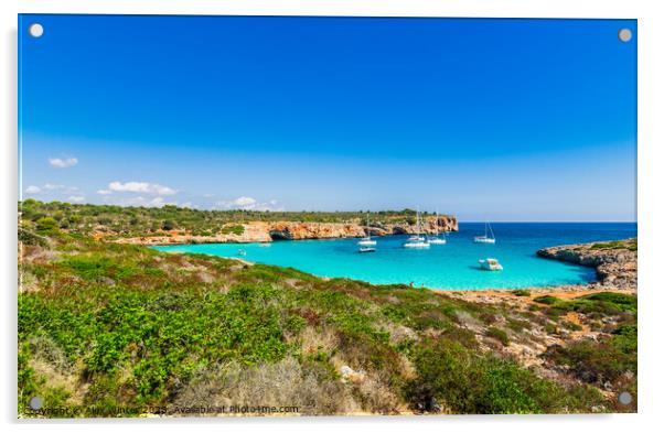 Beautiful coastline on Mallorca, idyllic bay of Cala Varques with anchoring boats, Spain island Acrylic by Alex Winter