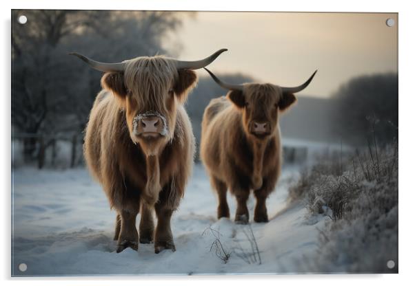 Highland Cows In The Snow 3 Acrylic by Picture Wizard