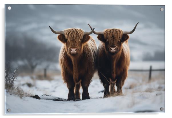 Highland Cows In The Snow 7 Acrylic by Picture Wizard