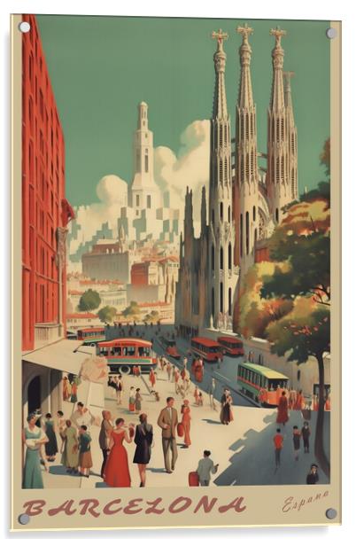 Barcelona 1950s Travel Poster Acrylic by Picture Wizard