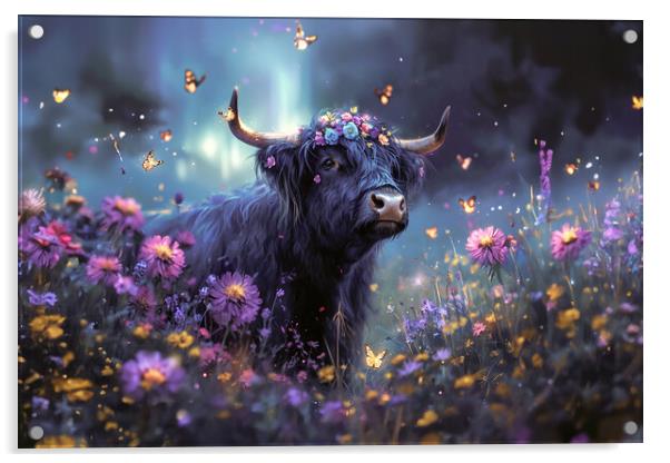 Flowery Highland Cow Acrylic by Picture Wizard
