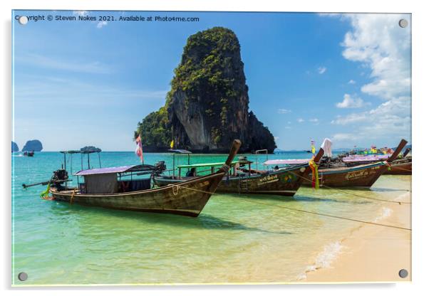 Longboats moored up on Krabi, Phuket, Thailand  Acrylic by Steven Nokes