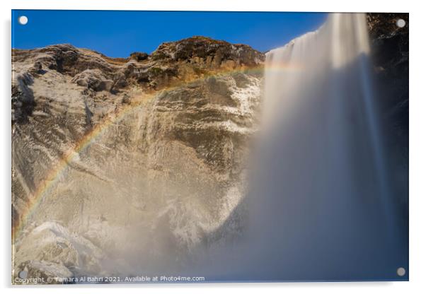 Skógafoss Waterfall Rainbow, Iceland Acrylic by Tamara Al Bahri