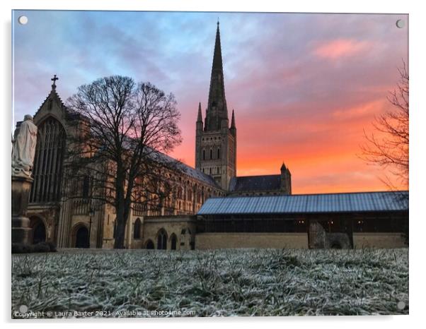 Frosty Sunrise at Norwich Cathedral Acrylic by Laura Baxter