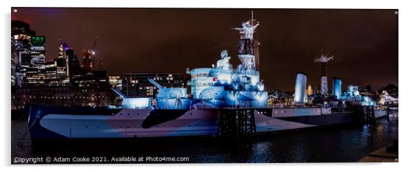 HMS Belfast | London | By Night Acrylic by Adam Cooke