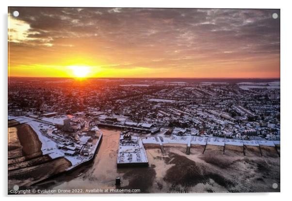 Whitstable Harbour Snowy Sunrise Acrylic by Evolution Drone