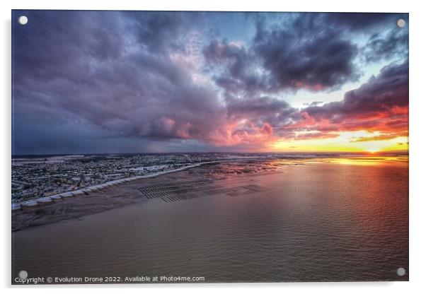 Whitstable Bay snow sunset Acrylic by Evolution Drone