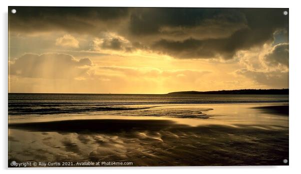 Pendower Beach Golden Sunset Acrylic by Roy Curtis